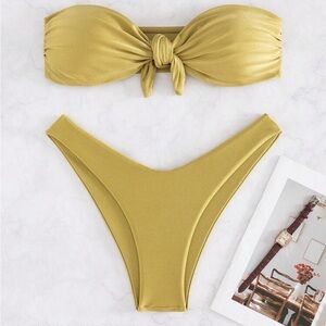 Sexy Solid Color Bikini Set For Women, Strapless Bandeau With Bowknot Detail